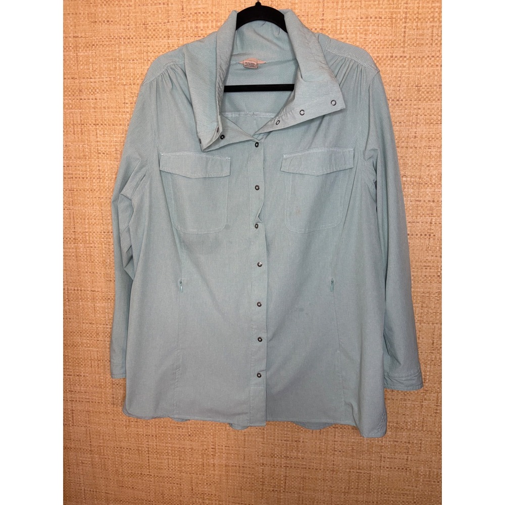 Duluth Trading Co Women‎ 1X Green Stripe Snap Utility Hiking Shirt